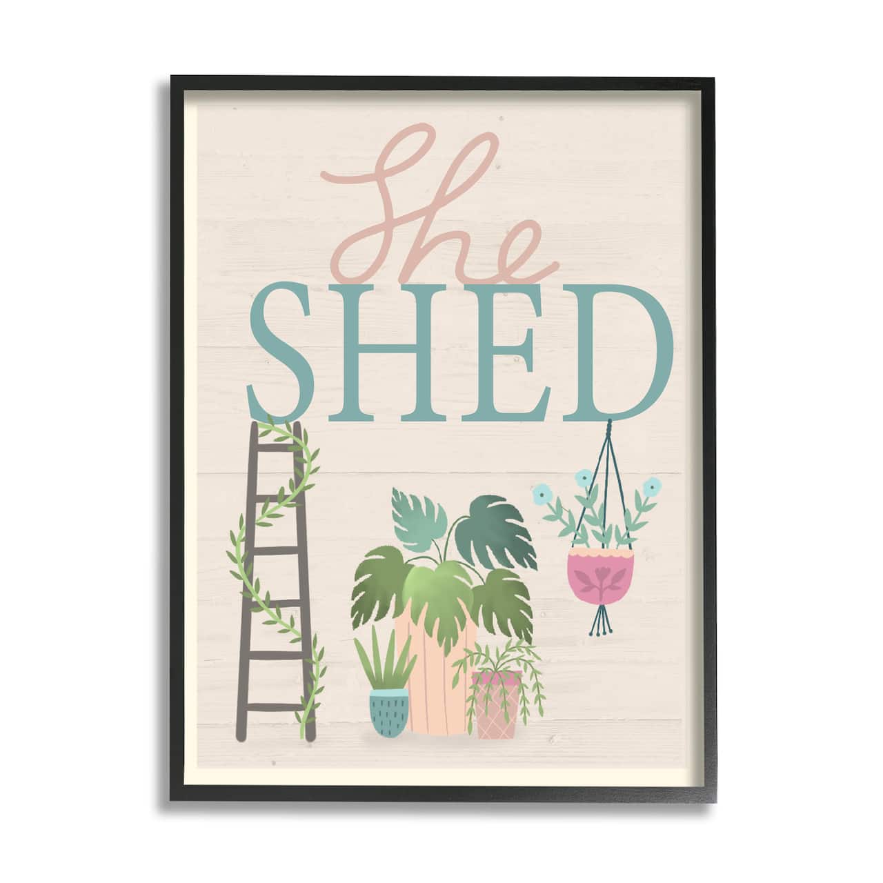 Stupell Industries She Shed Sign Tropical Plants Ladder and Green Vines in Black Frame Wall Art